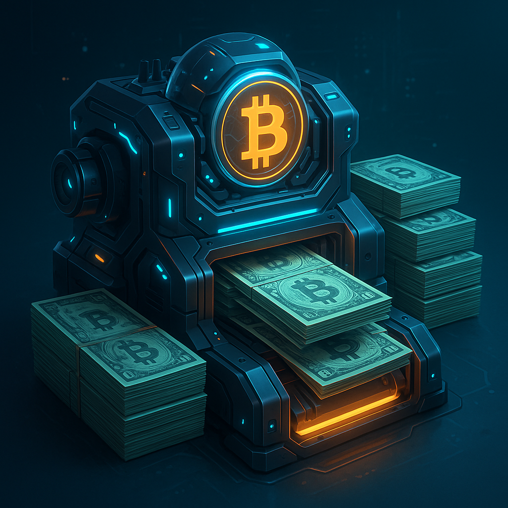 Bitcoin money printing machine with stacks of cash