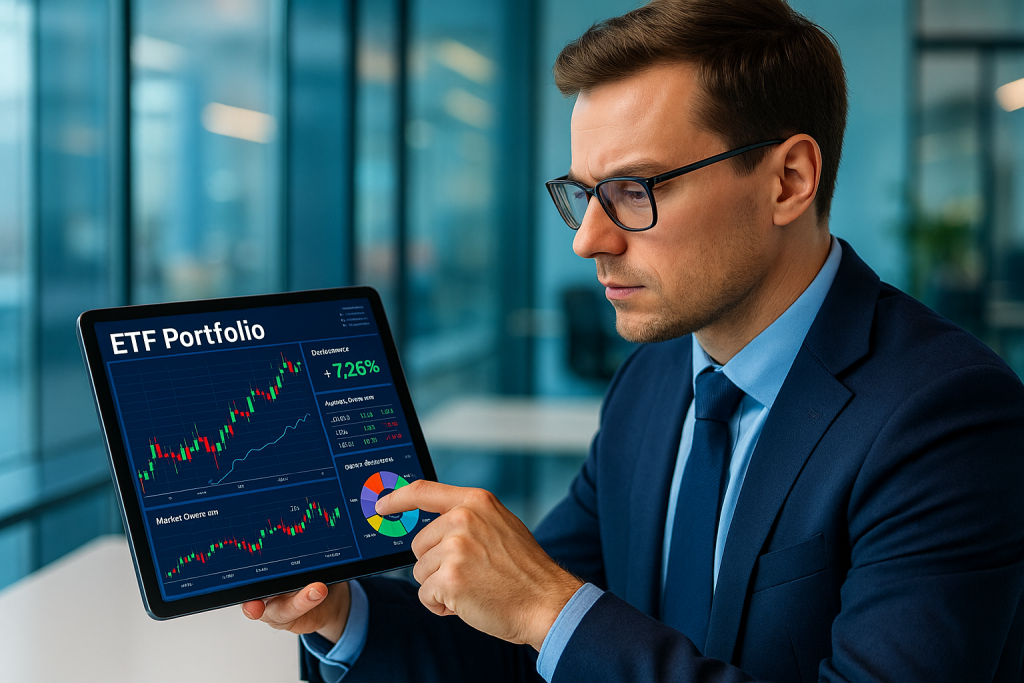 European investor reviewing ETF investment portfolio performance