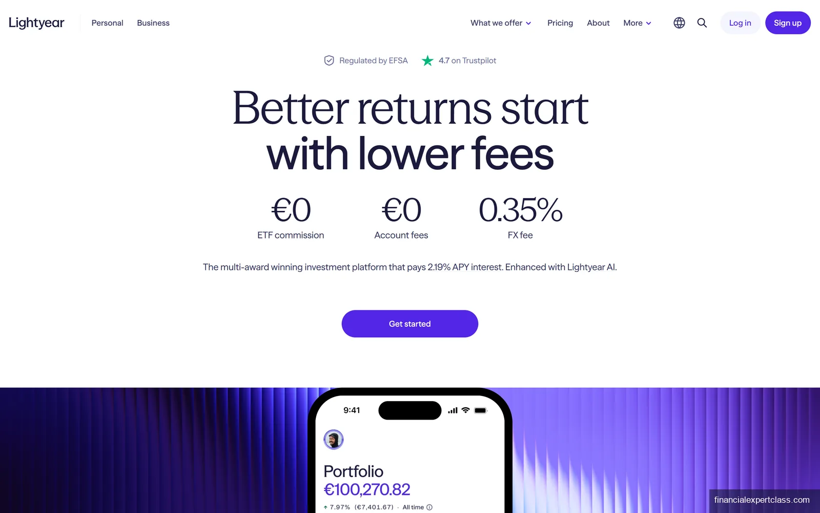 Lightyear homepage 2026 showing zero-commission ETF investing
