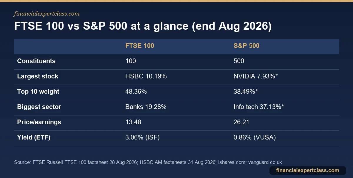 Table comparing FTSE 100 and S&P 500 constituents, largest stock, top 10 weight, biggest sector, price to earnings ratio and ETF yield