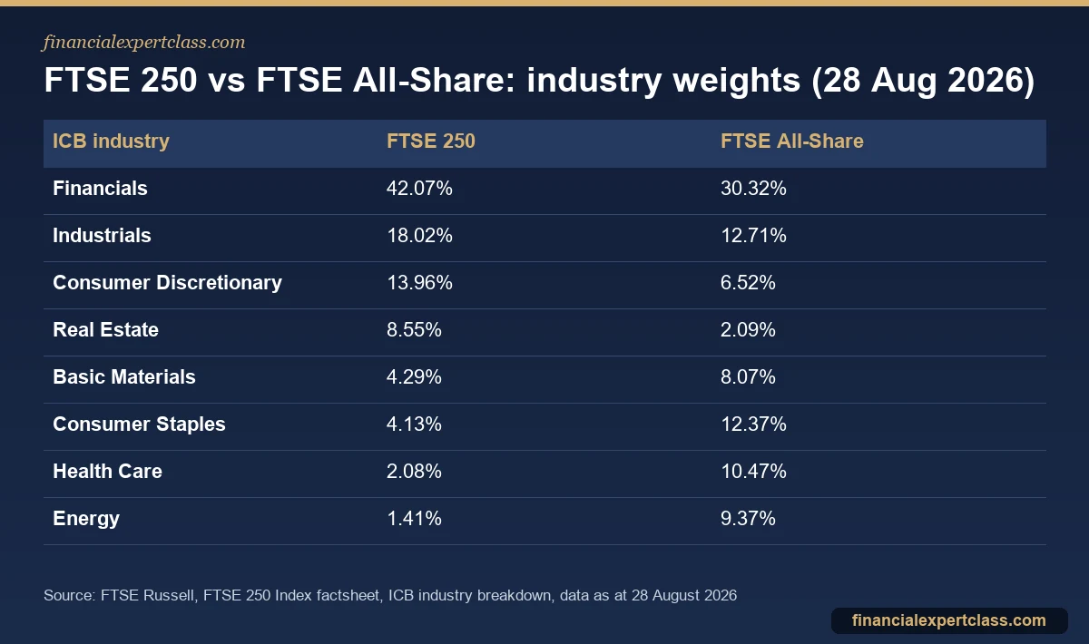 Table comparing FTSE 250 and FTSE All-Share industry weights, with financials, industrials and consumer discretionary heavier in the FTSE 250