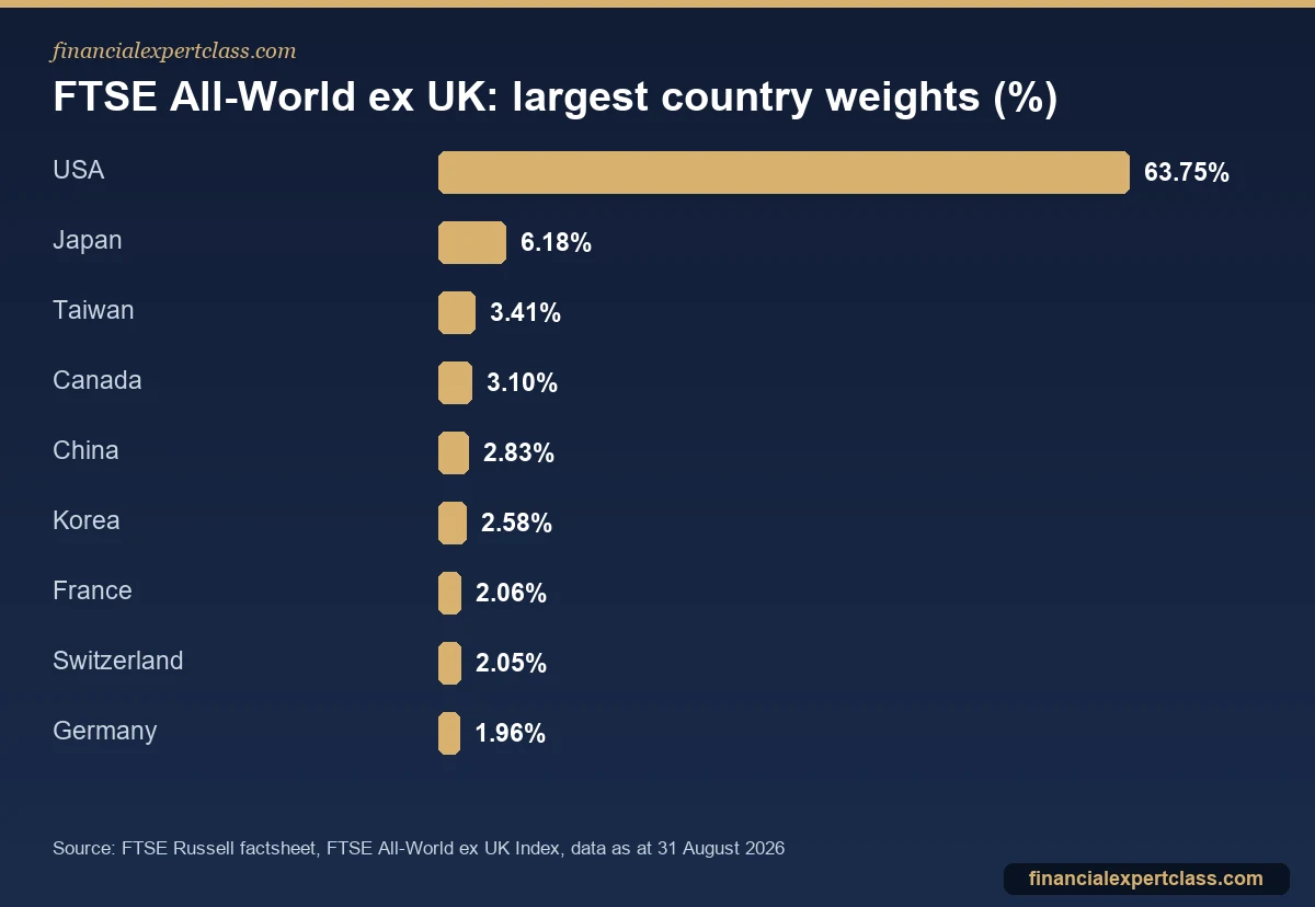 Bar chart of the largest country weights in the FTSE All-World ex UK Index, led by the USA at 63.75%