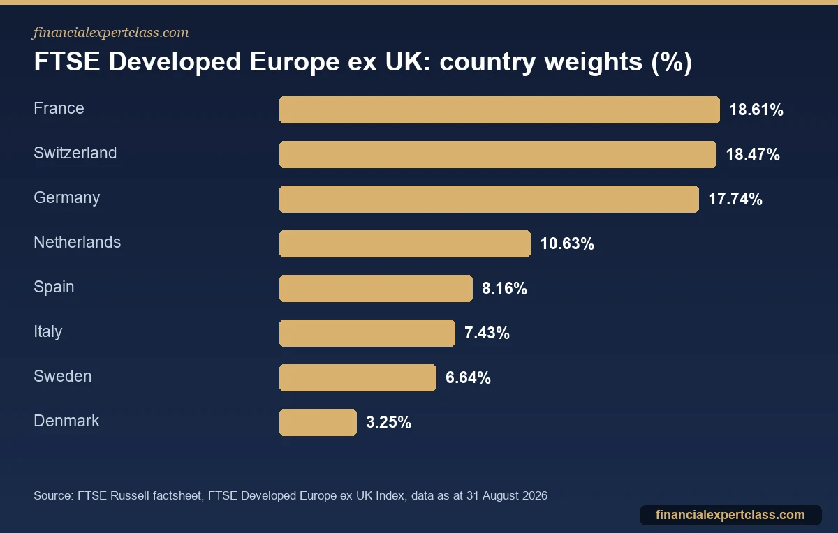 Bar chart of country weights in the FTSE Developed Europe ex UK Index, led by France 18.61%, Switzerland 18.47% and Germany 17.74%