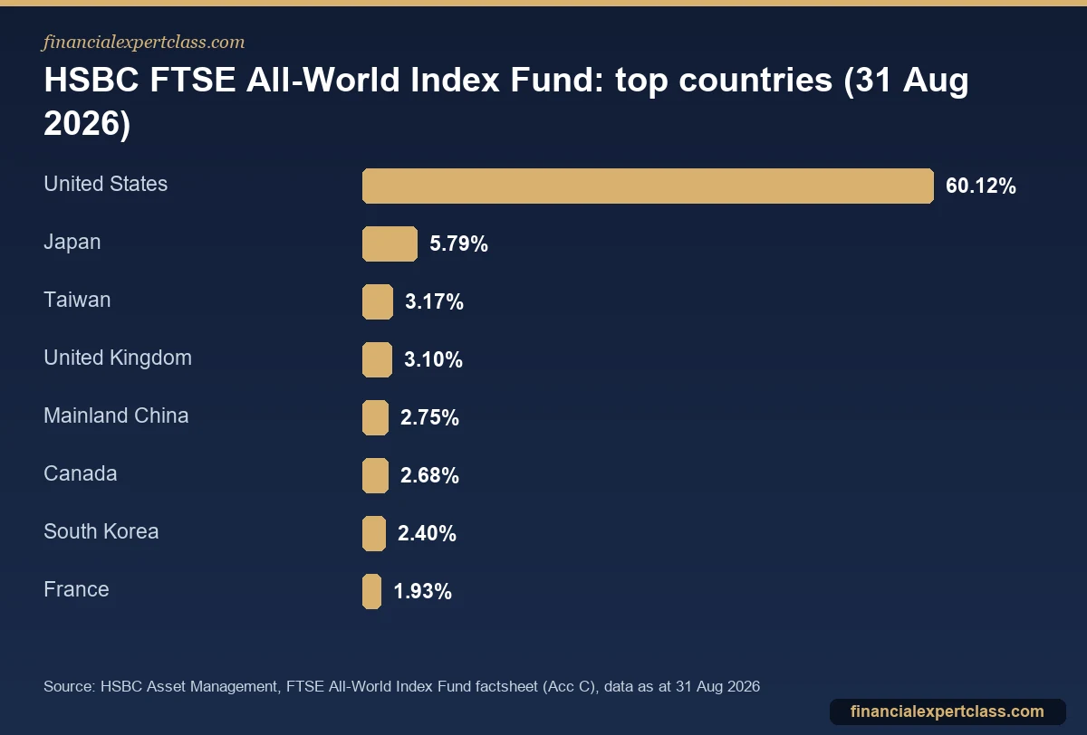Bar chart of the HSBC FTSE All-World Index Fund country weights, with the United States at 60 percent and Japan at about 6 percent