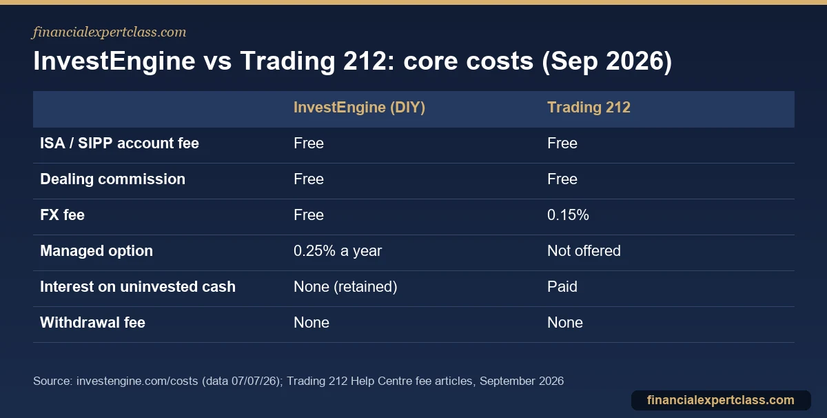Table comparing InvestEngine and Trading 212 account fees, commission, FX fee, managed option and cash interest