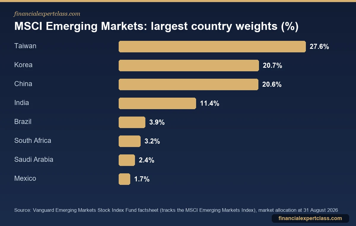Bar chart of the largest country weights in an MSCI Emerging Markets tracker: Taiwan 27.6%, Korea 20.7%, China 20.6%, India 11.4%