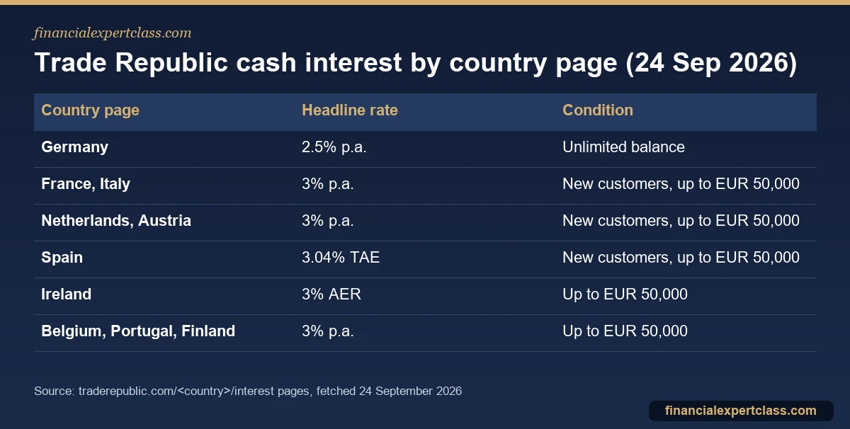 Table of Trade Republic cash interest rates by country page in September 2026