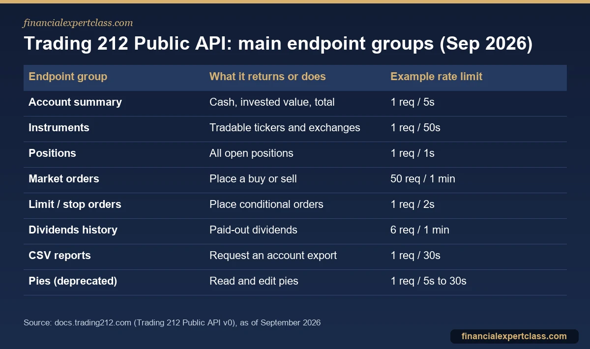 Table of Trading 212 Public API endpoint groups with what each returns and its rate limit