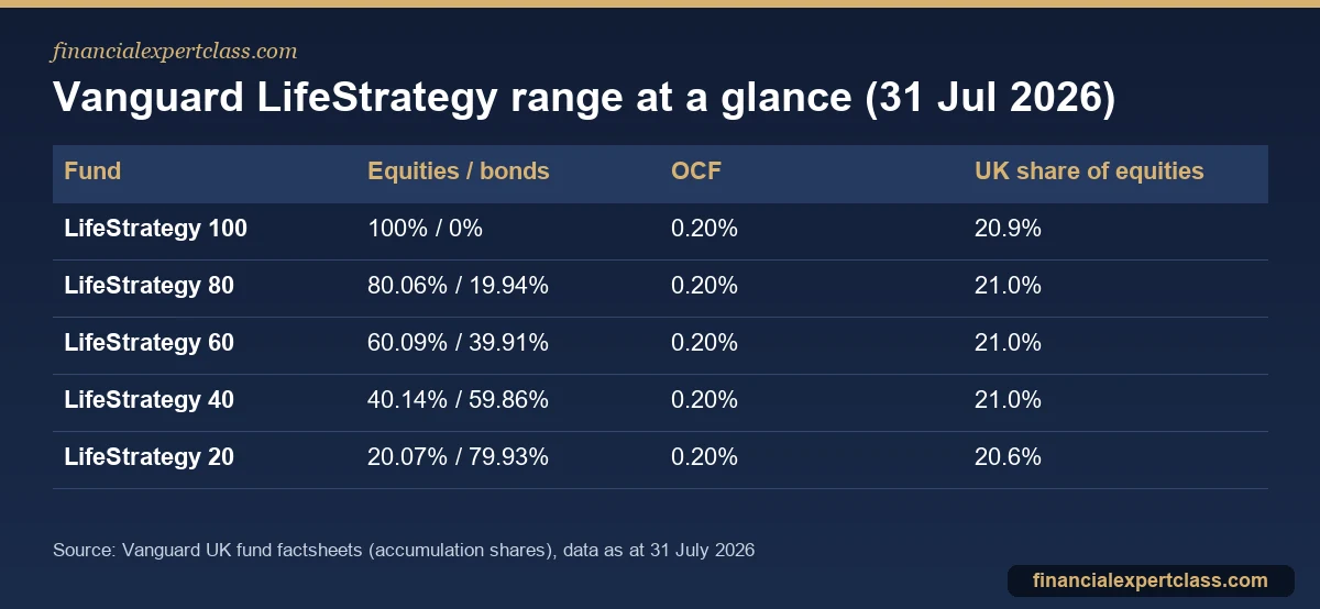 Table comparing Vanguard LifeStrategy 100, 80, 60, 40 and 20 by equity and bond split, ongoing charge and UK equity share
