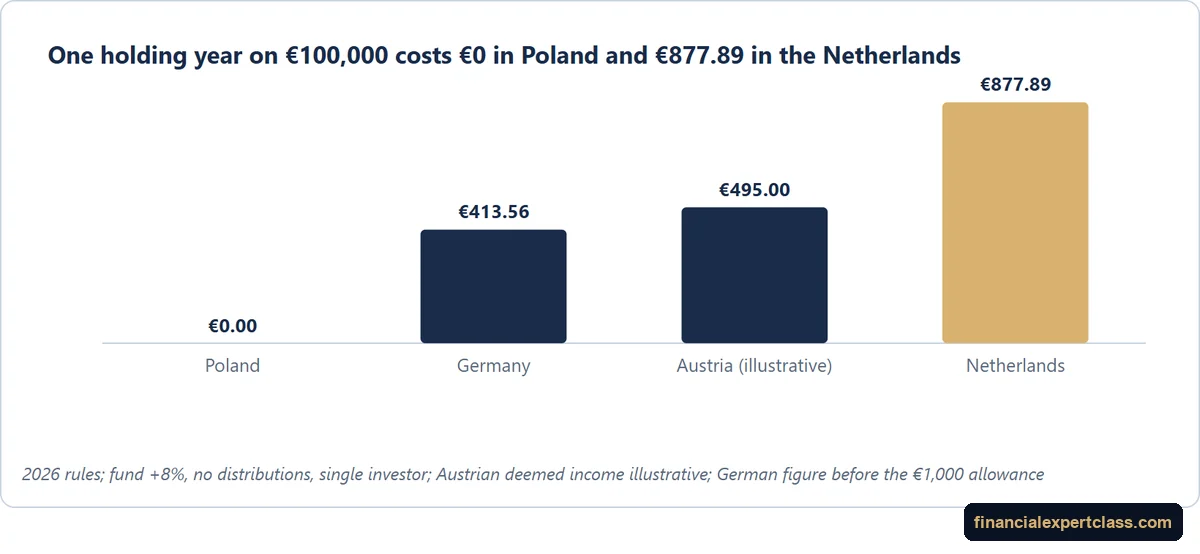 Chart from the free lesson: one holding year on 100,000 euros costs 0 euros in Poland and 877.89 euros in the Netherlands