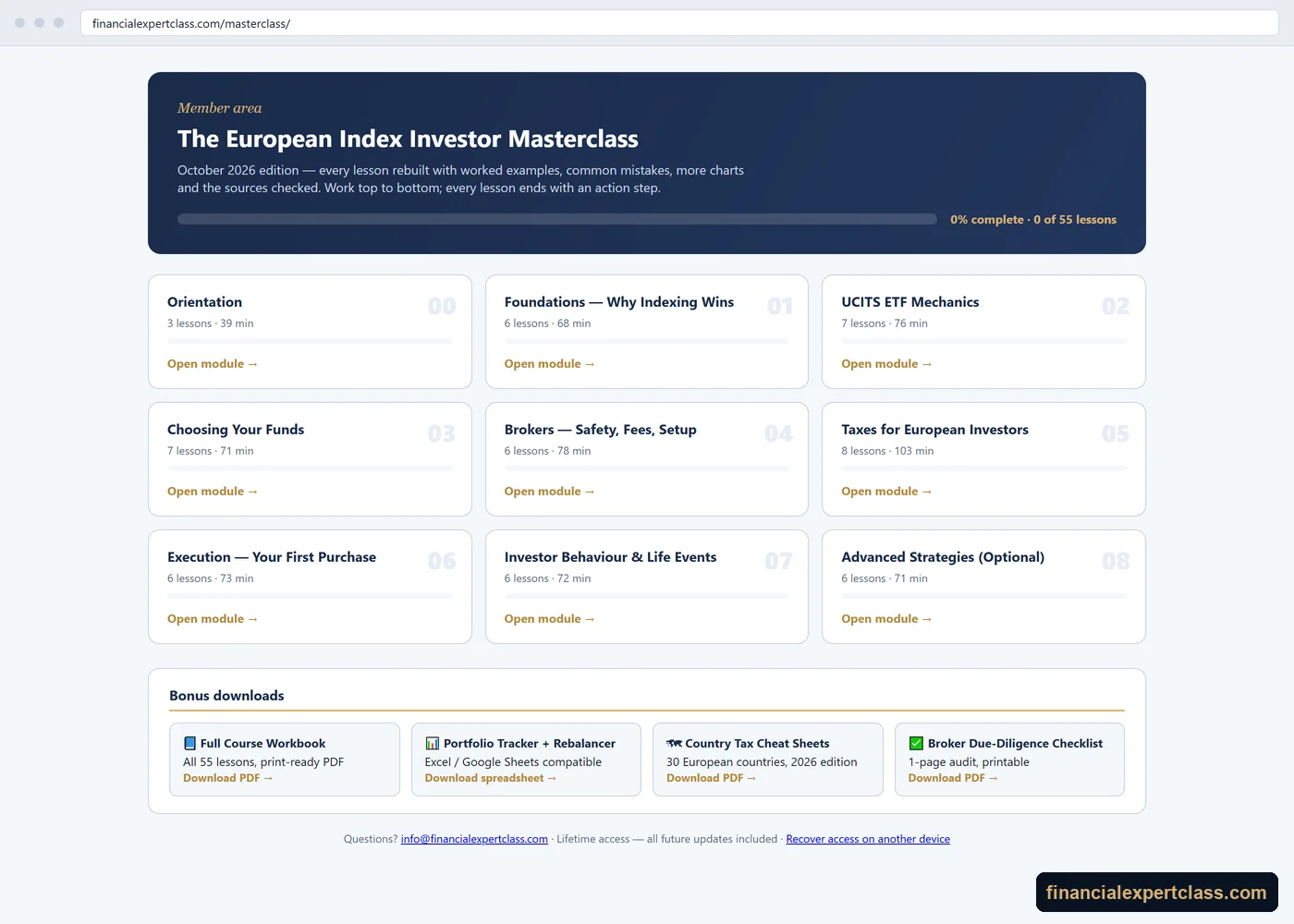 Masterclass member area: 9 modules with progress bars and bonus downloads